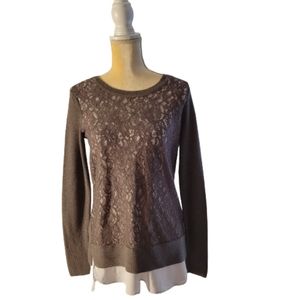Vera Wang long sleeve lace front twofer sweater / greyish brown / sz small